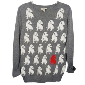Loft Medium Crewneck Sweater Dogs Puppies Gray Knit Long Sleeve 100% Cotton EUC